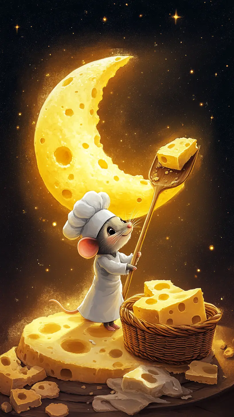 Cute mouse chef on a cheese moon under bright stars