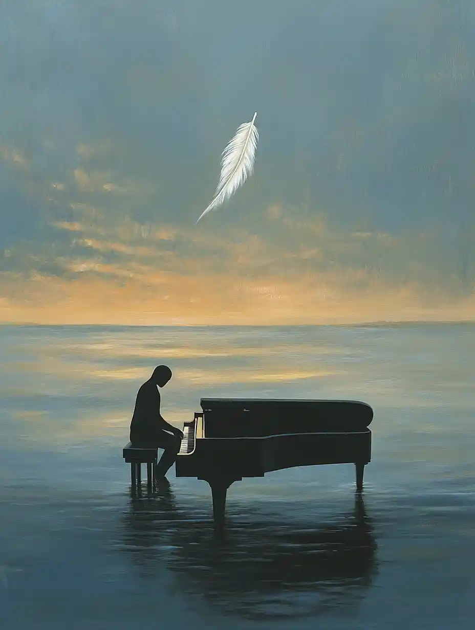 Silhouette surréaliste sans visage au piano dans un océan silencieux
