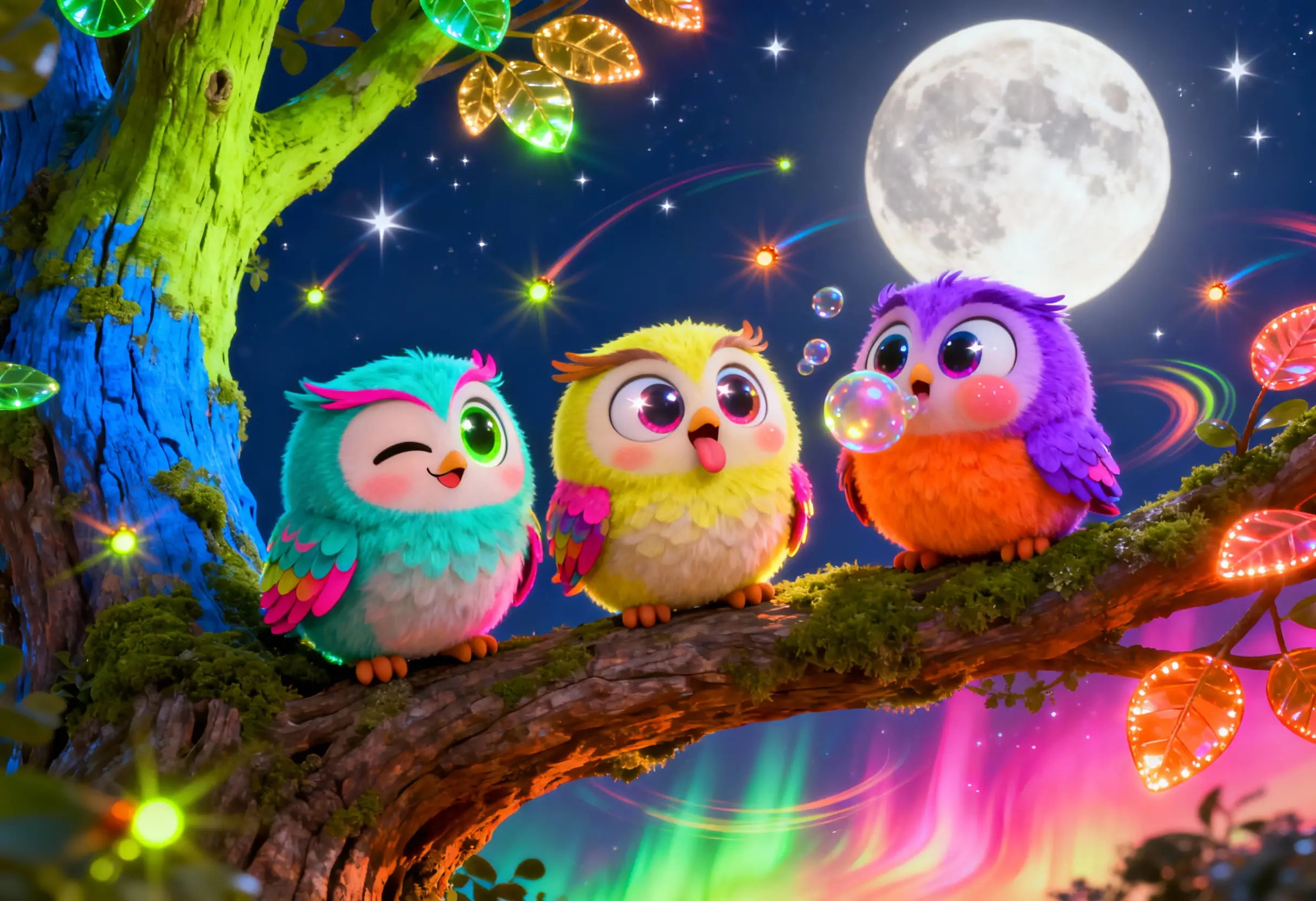 Playful Baby Owls On A Glowing Midnight Forest Branch