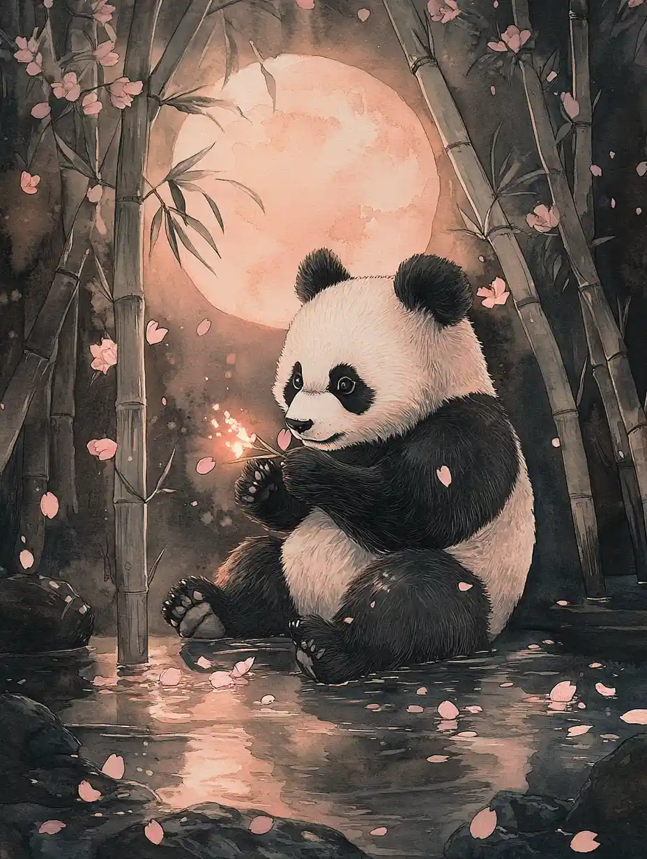 Mini bamboo spirit panda eating glowing bamboo shoot