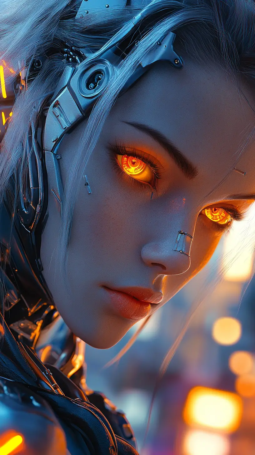 Cyborg woman portrait in neon cyberpunk city lights
