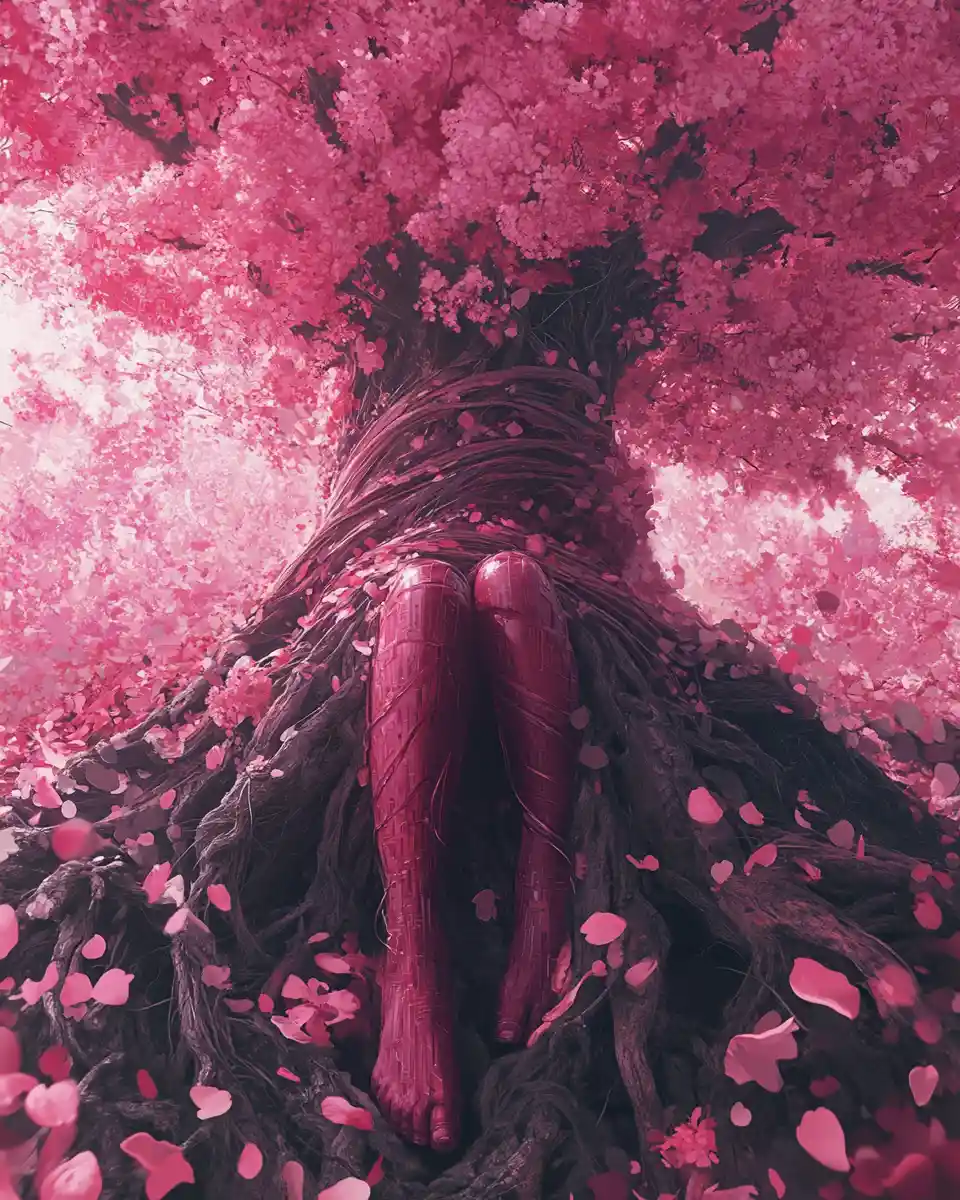 Cyberpunk woman fused with a cherry blossom tree
