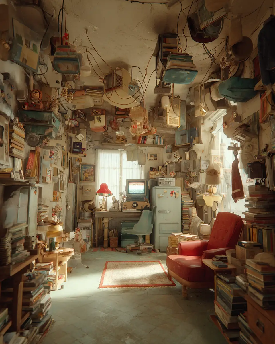 Surreal Levitating Radio In Cluttered Retro Apartment
