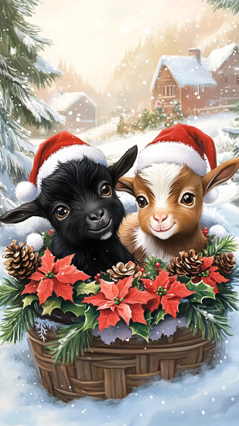 Cute baby goats in a festive snowy Christmas basket scene