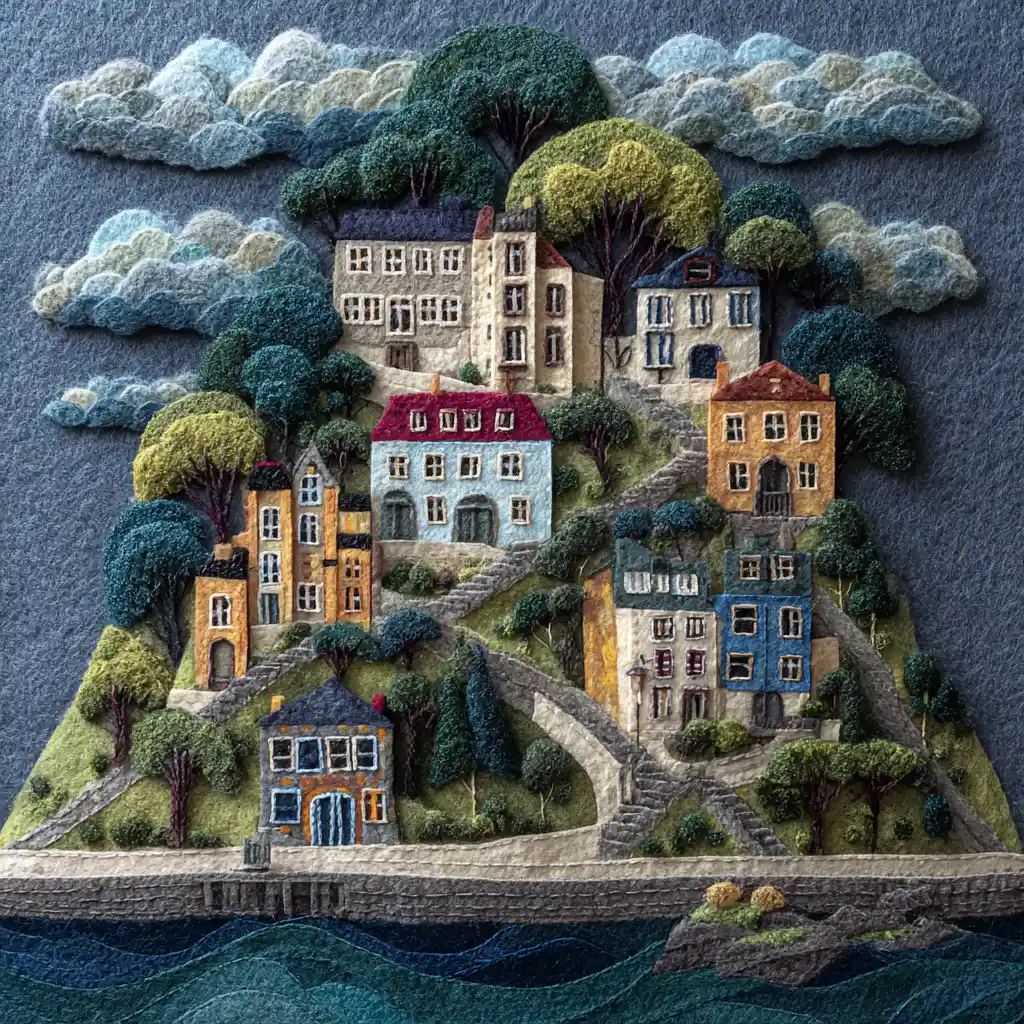Felt art city street winding toward a distant bay