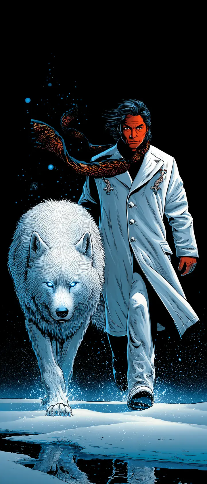 Elegant man walking beside a colossal arctic wolf
