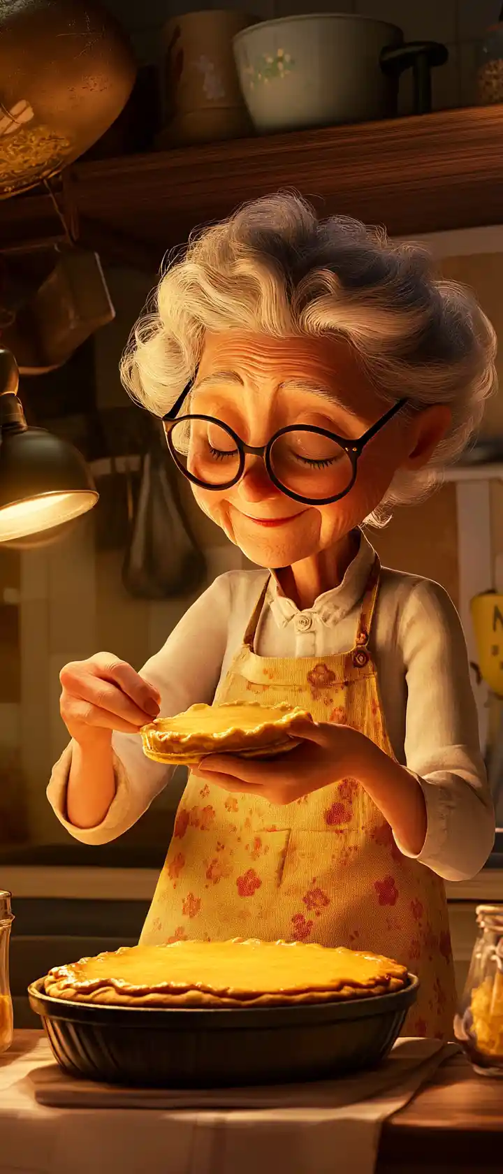 Cartoon grandma sharing pie with a sad orphan in kitchen
