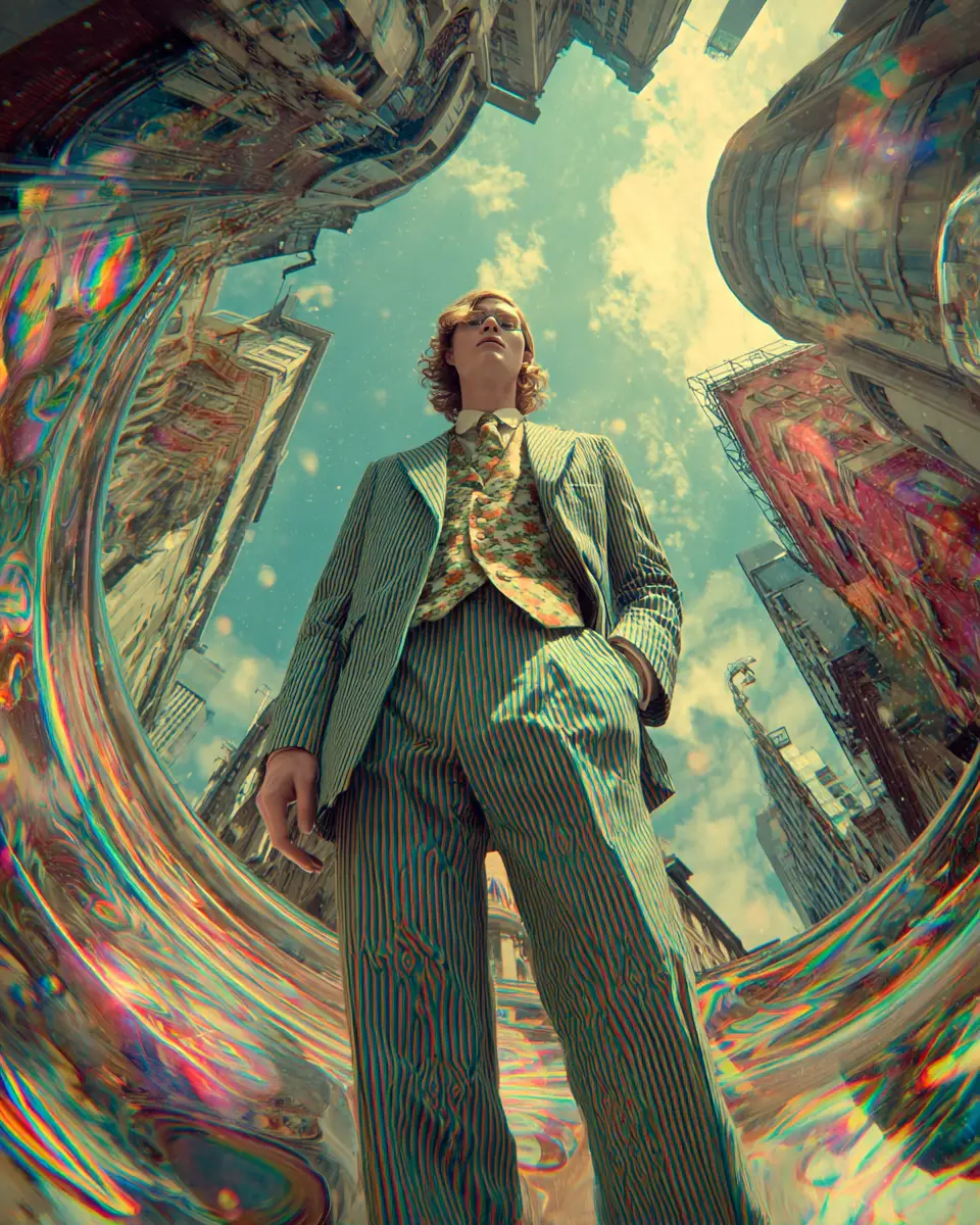 Man in surreal retro suit on warped city street