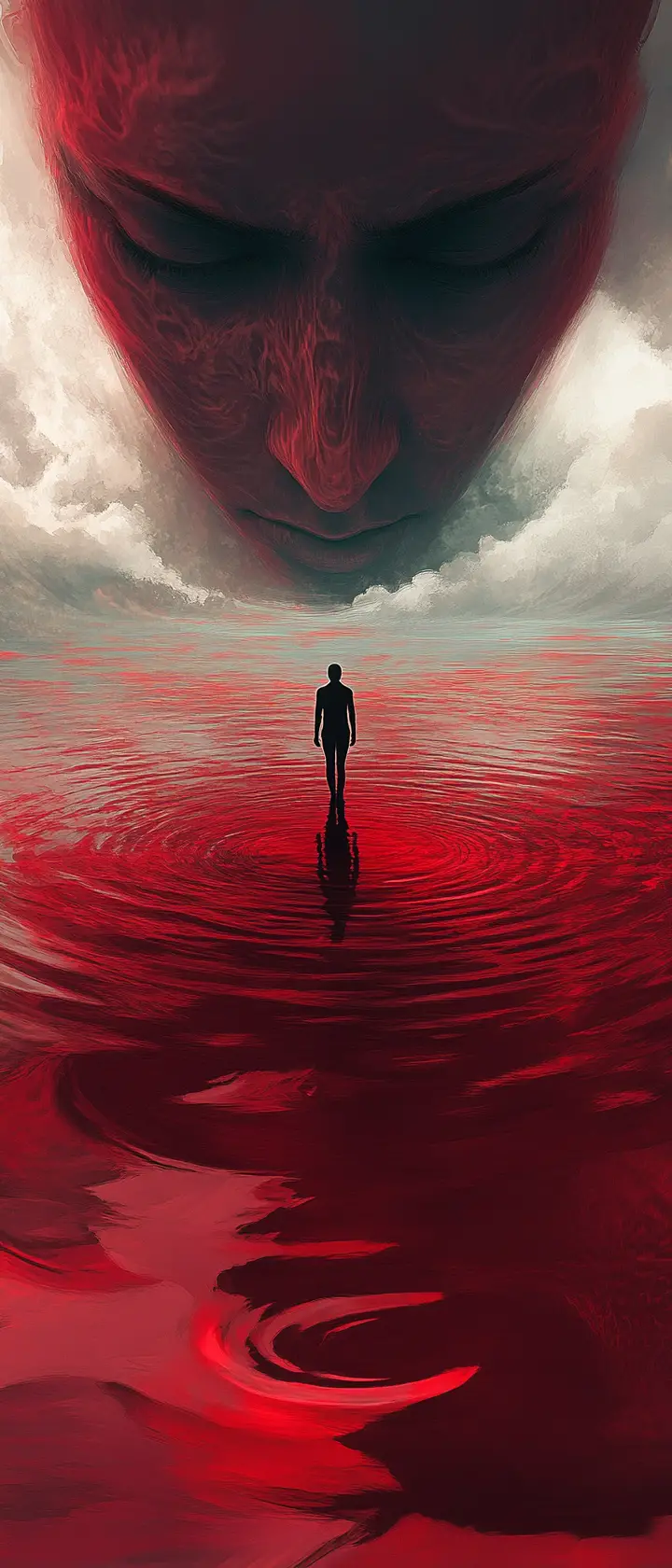 Lone figure walking across a surreal sea of faces