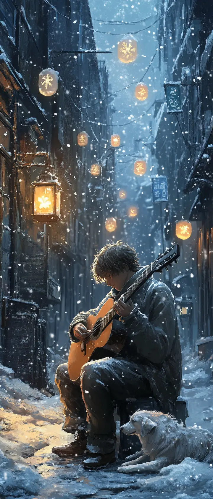 Street musician playing guitar in snowy city alley