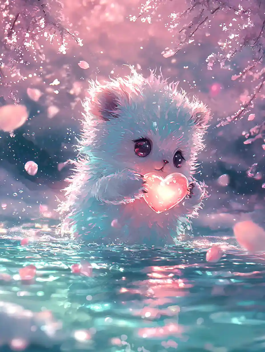 Cute baby yeti cuddling a glowing heart snowball