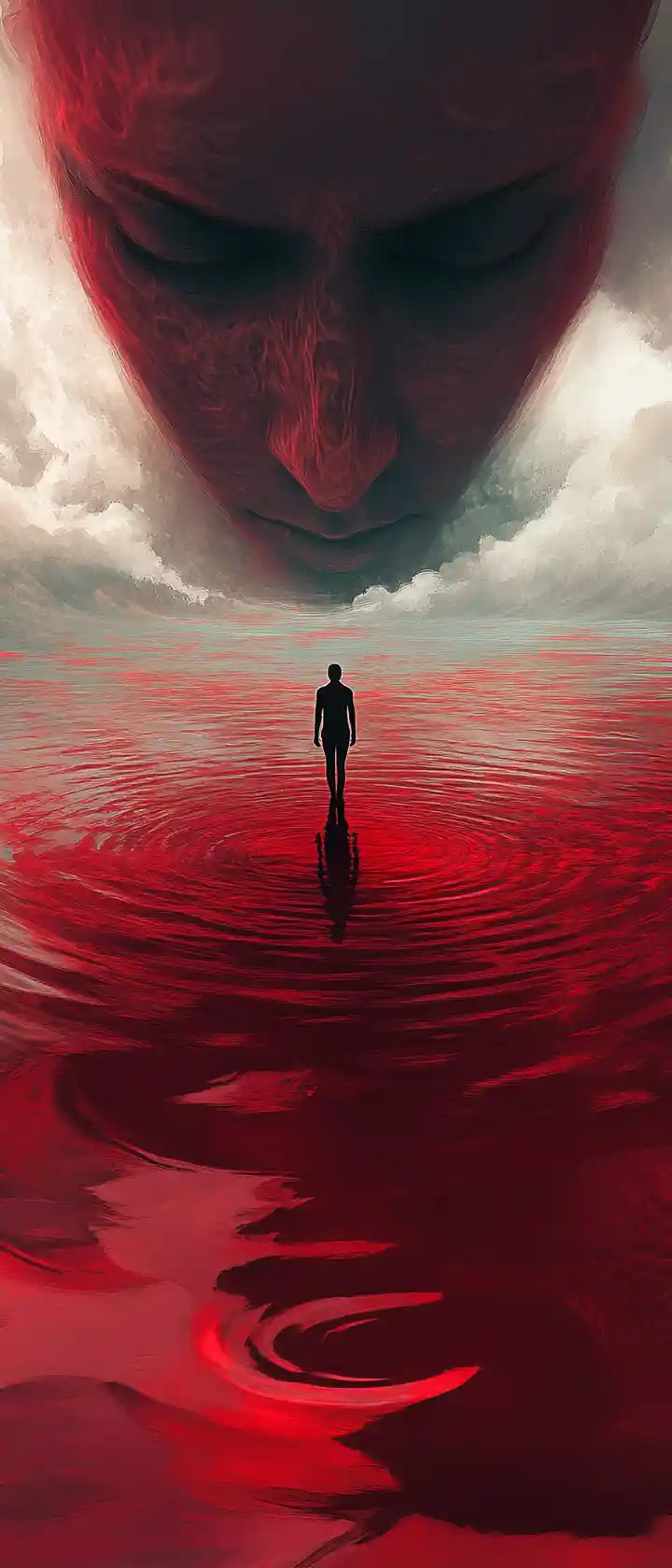 Einsame Gestalt, die über ein surreales Meer aus Gesichtern geht