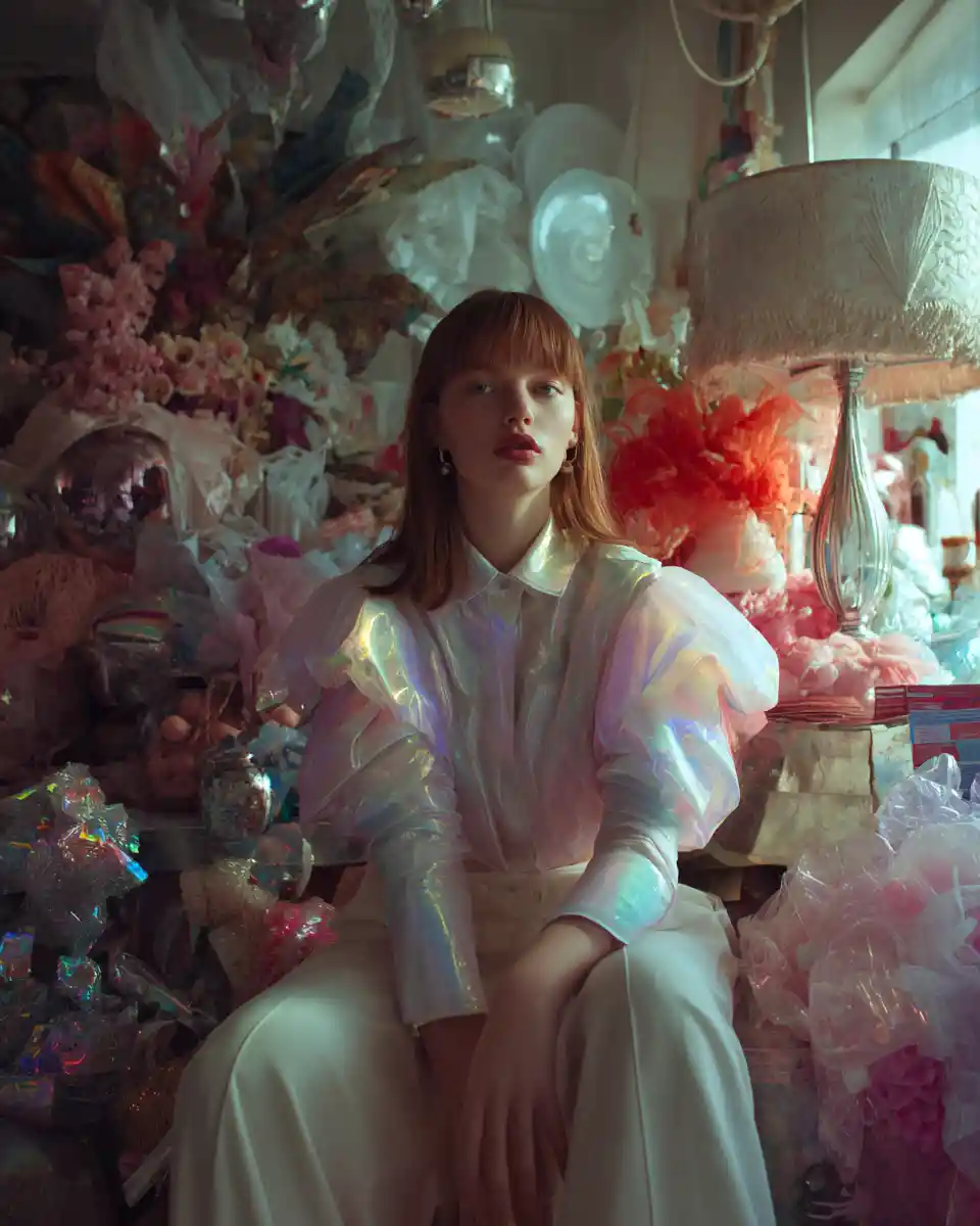 Woman In Retro Futuristic Room With Surreal Fashion
