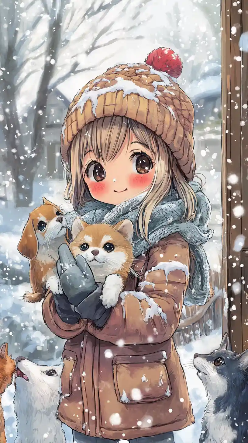Anime chibi girl with farm animals in winter countryside