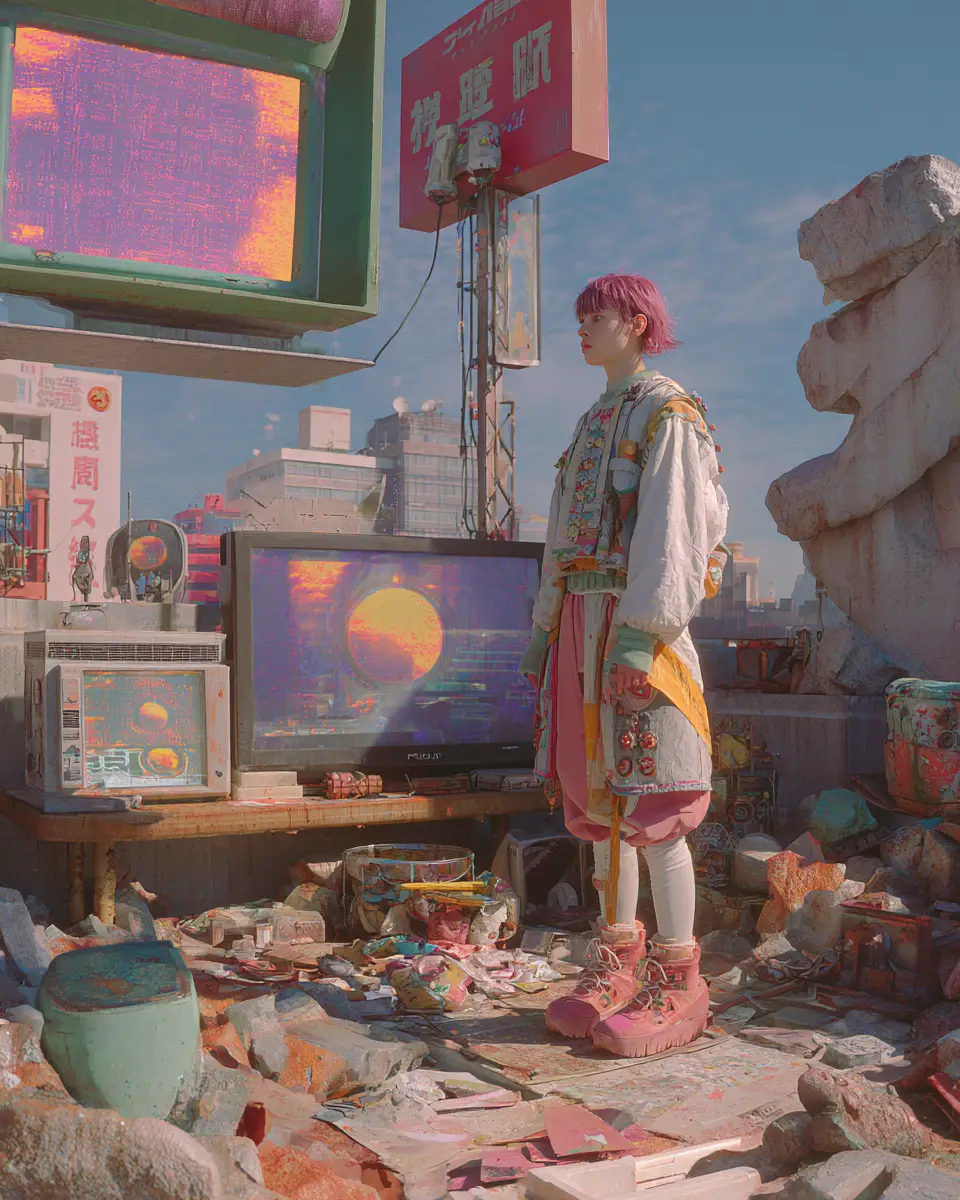 Surreal rooftop fashion scene with mixed era technology