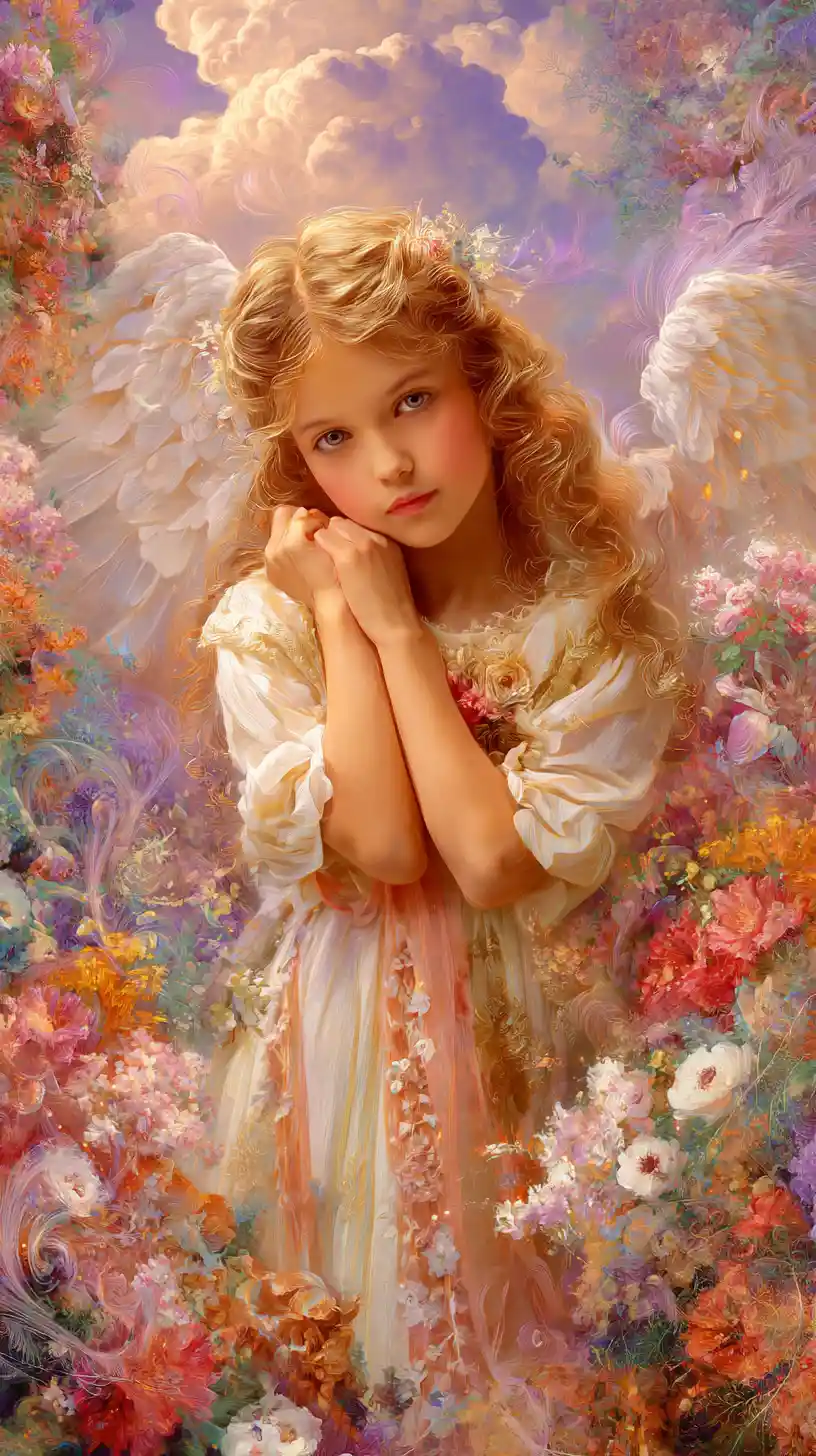 Angel woman in a dreamy cloud and wildflower landscape