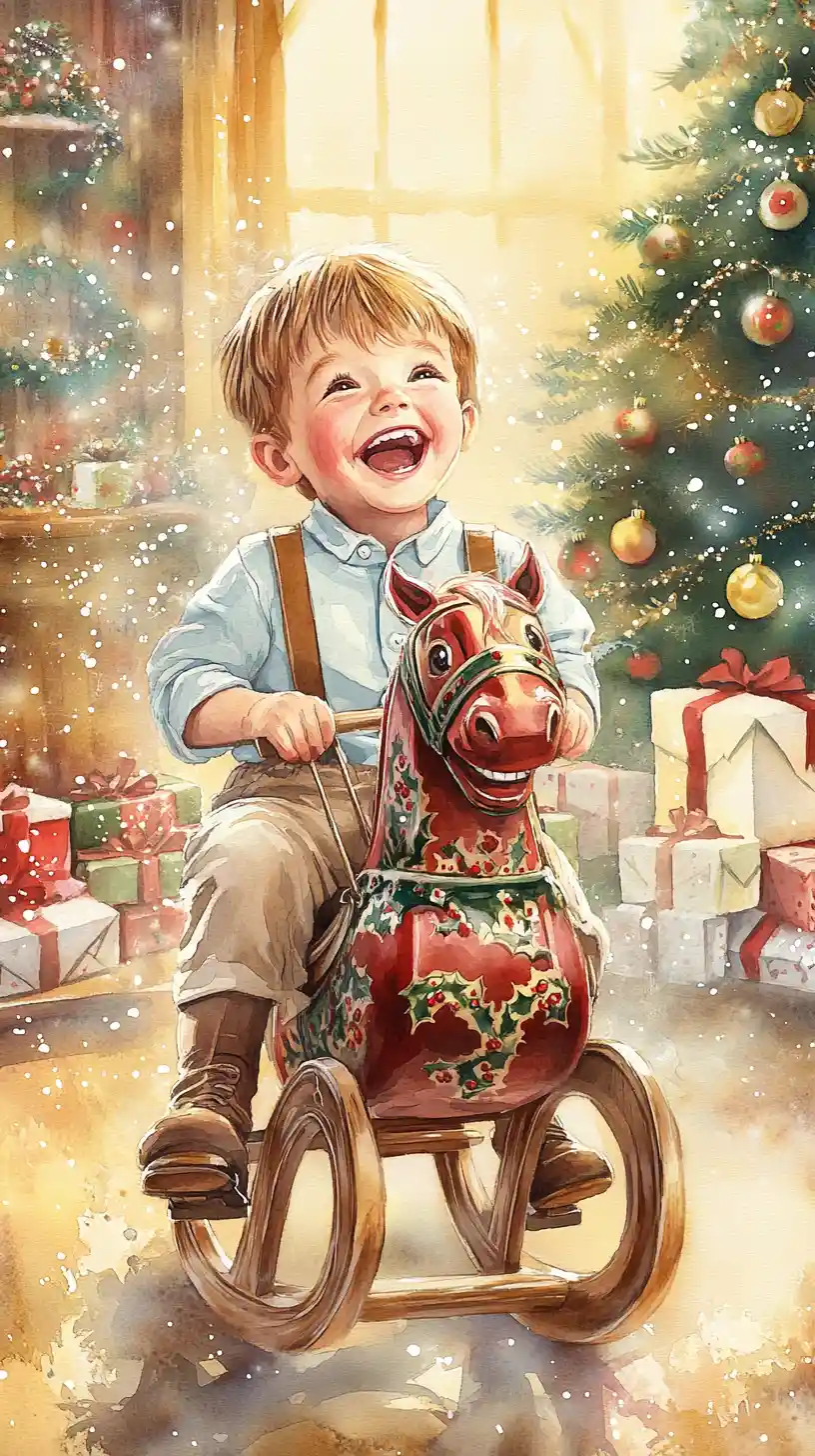 Joyful boy riding a vintage rocking horse at Christmas