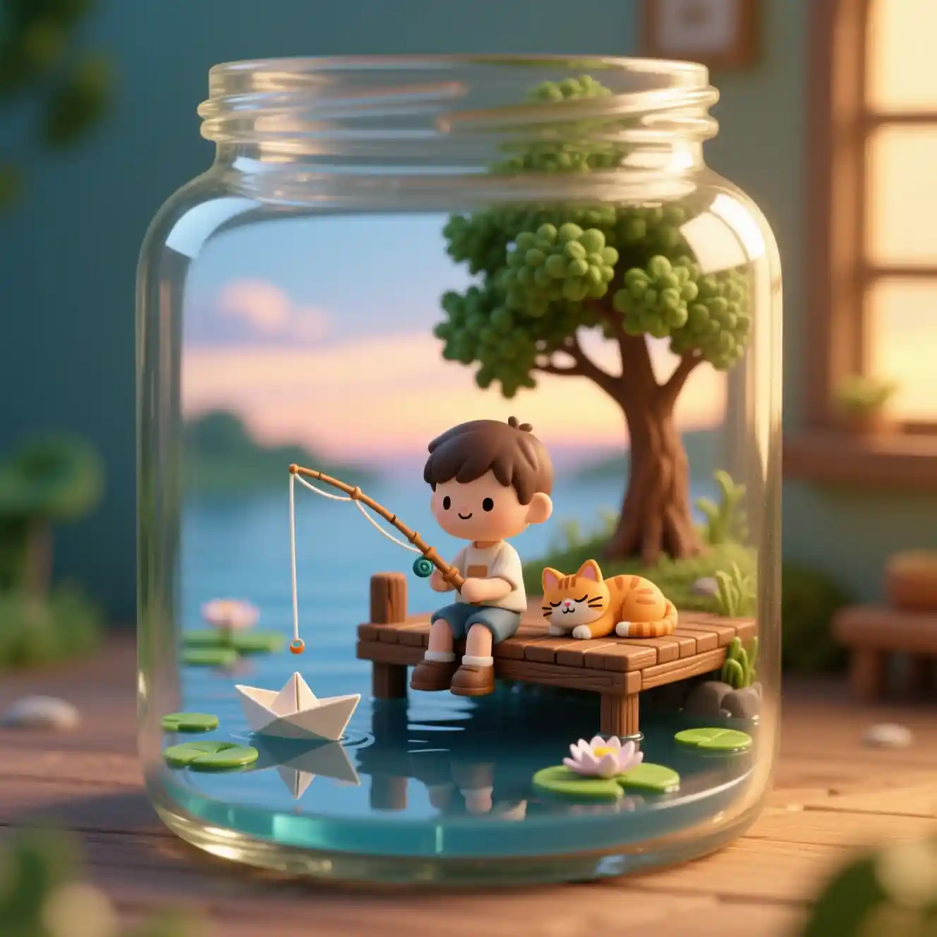 Boy Fishing With Cat In Miniature Jar Diorama At Sunset