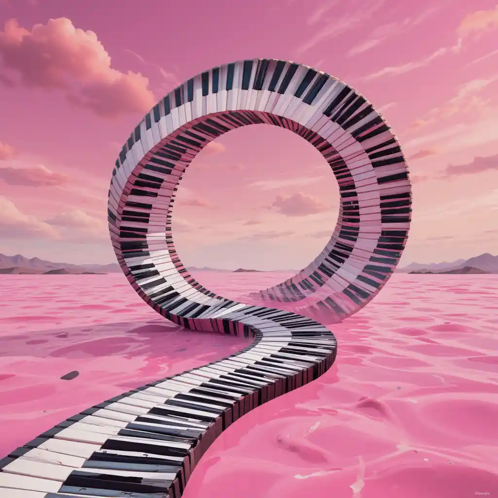 Surreal piano key path in pink liquid landscape