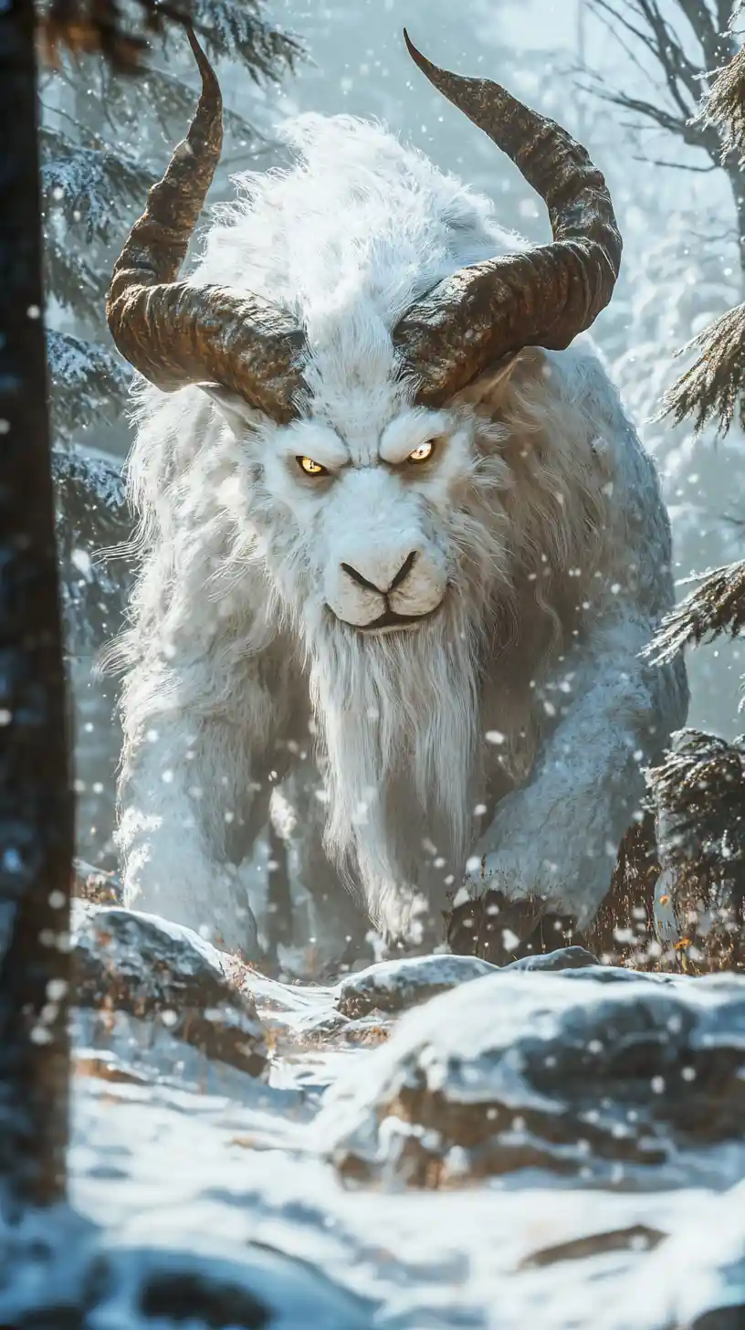 Majestic White Chimera With Horns In A Snowy Forest