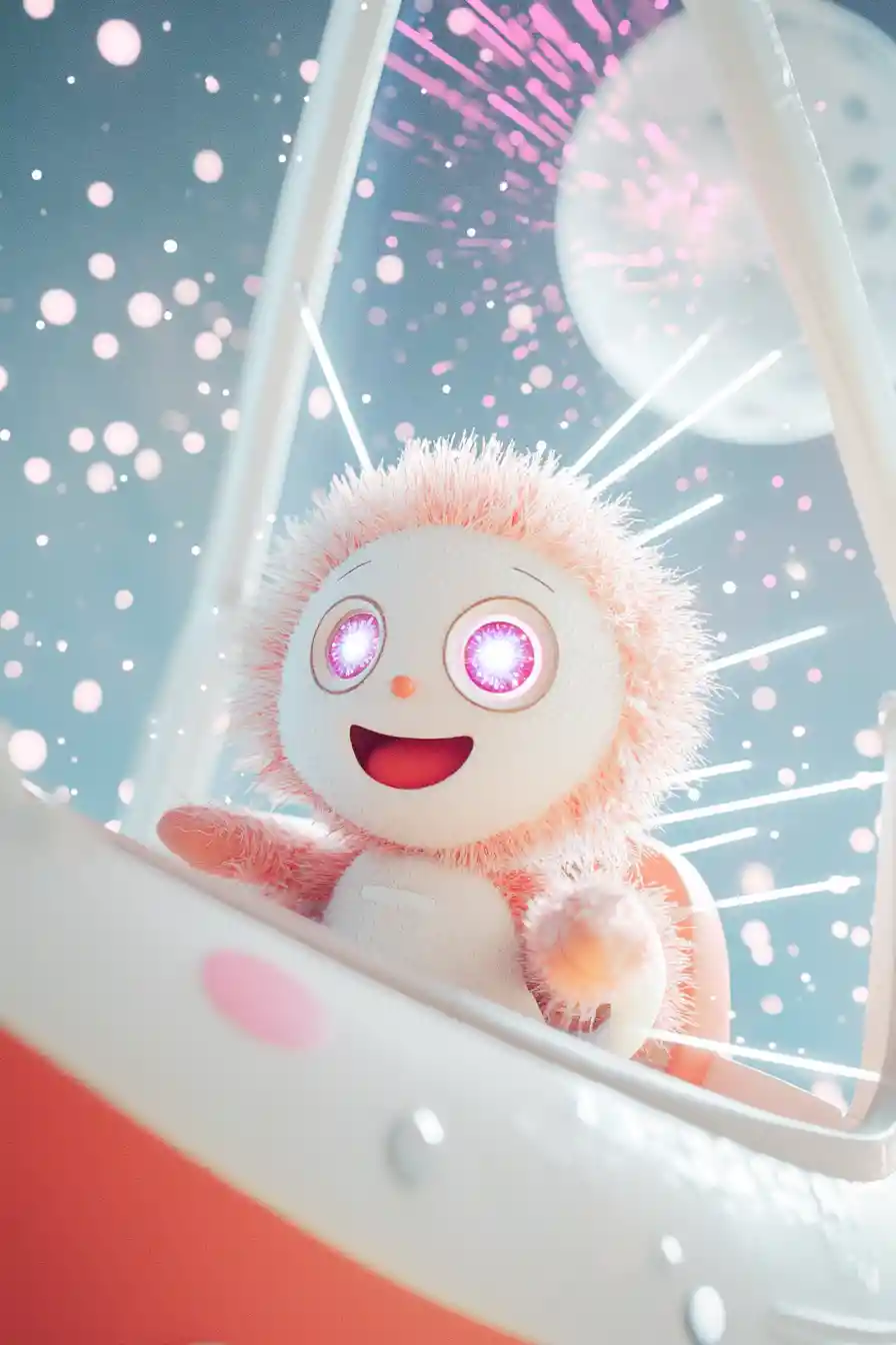 Smiling fantasy puppet in a spaceship flying to the moon