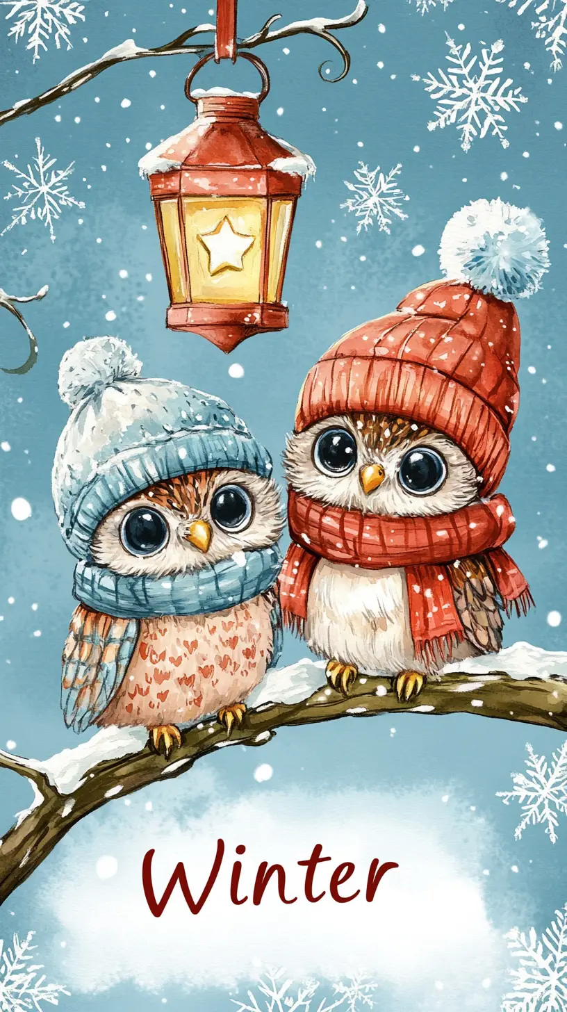 Cute watercolor owls on snowy branch winter postcard