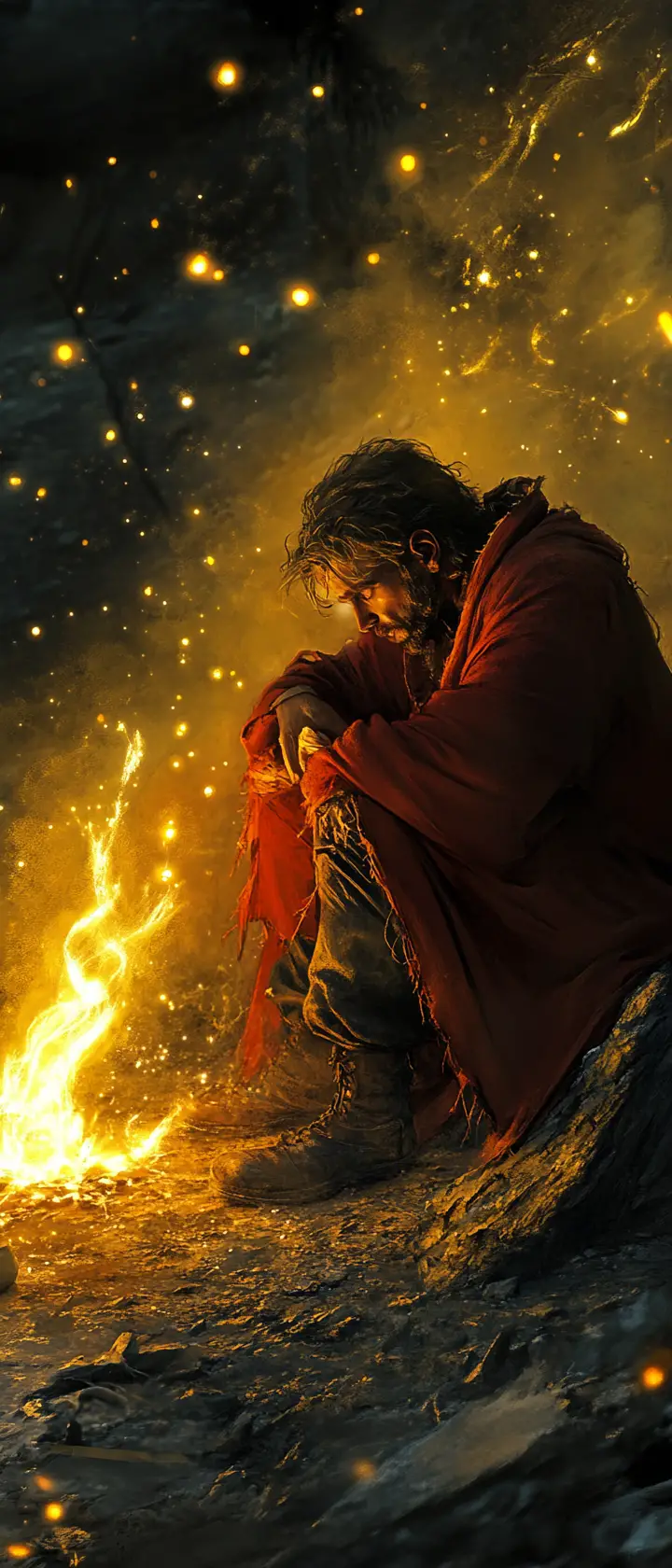 Weary traveler resting by a campfire in the desert night