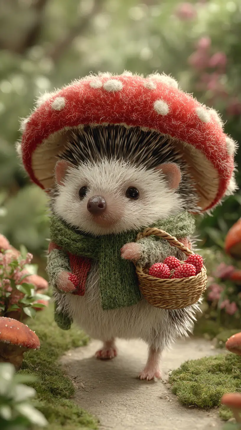 Cute baby hedgehog in forest with mushroom hat