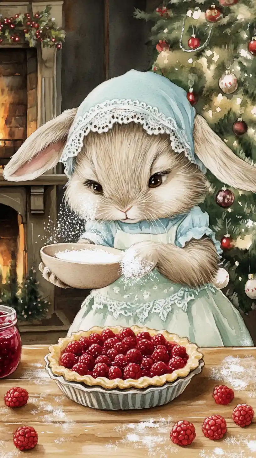 Anthropomorphic Rabbit Baking Raspberry Tart In Cozy Kitchen