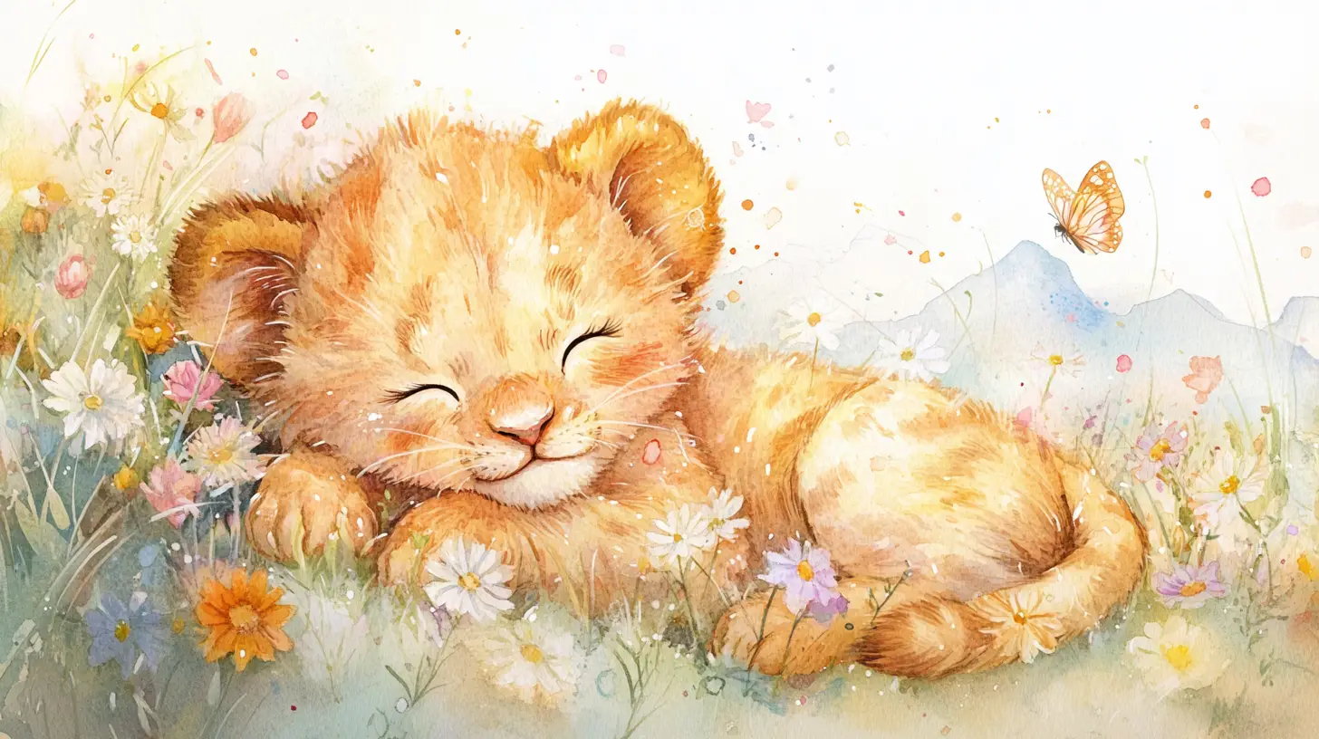 Whimsical Lion Cub In A Dreamy Spring Meadow