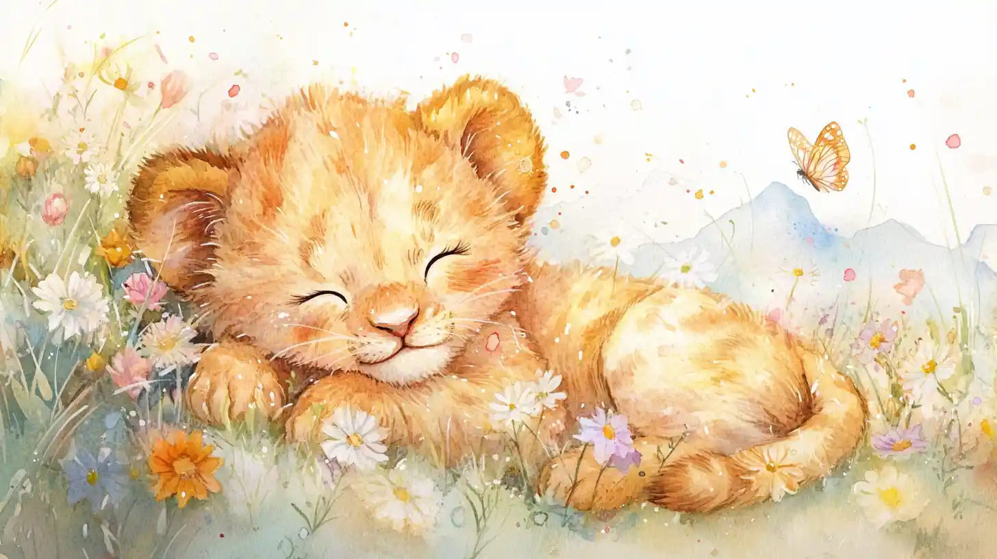 Whimsical Lion Cub In A Dreamy Spring Meadow