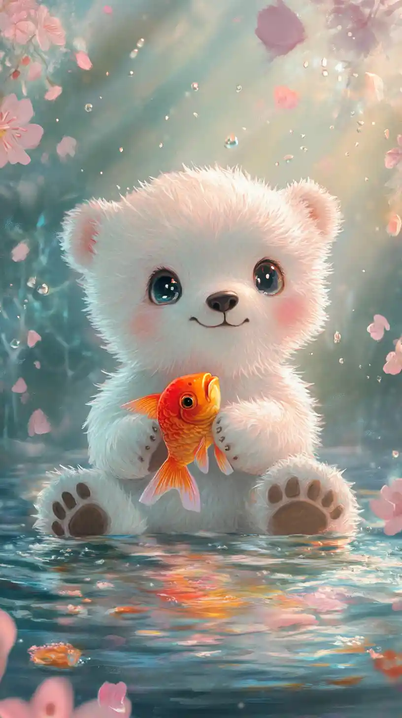 Dolce cucciolo di orso polare che tiene un pesce rosso in acqua pastello
