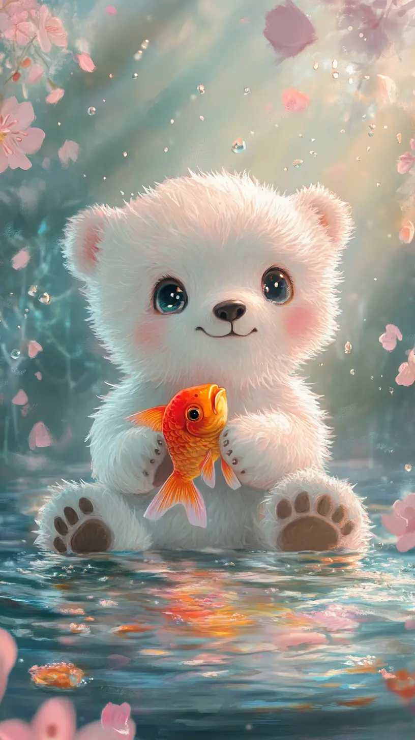 Cute baby polar bear holding goldfish in pastel water