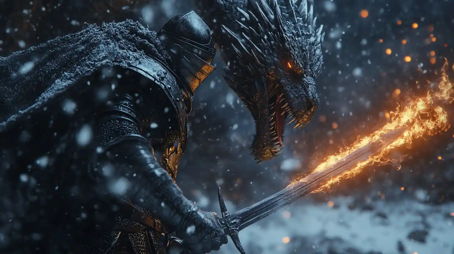 Medieval warrior facing dragon in fiery cave descent