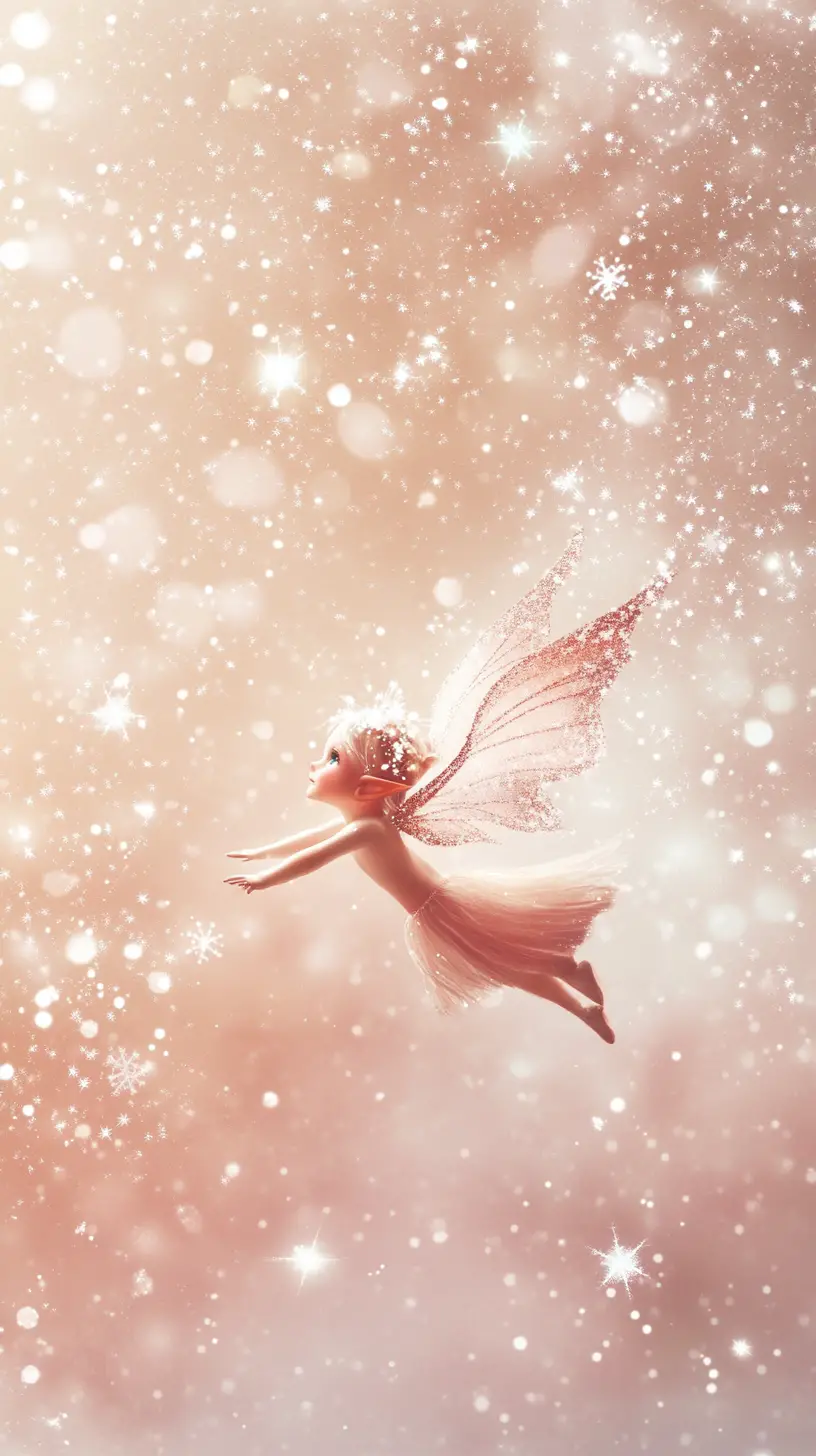 Christmas elf with starry eyes in a soft snowy sky