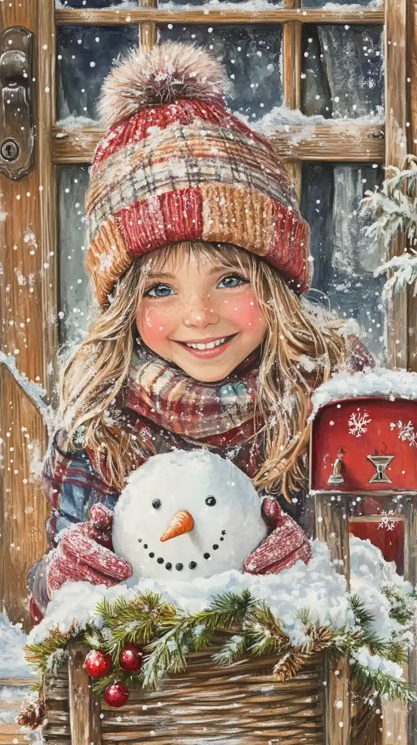 Smiling girl building a snowman on a snowy cabin porch