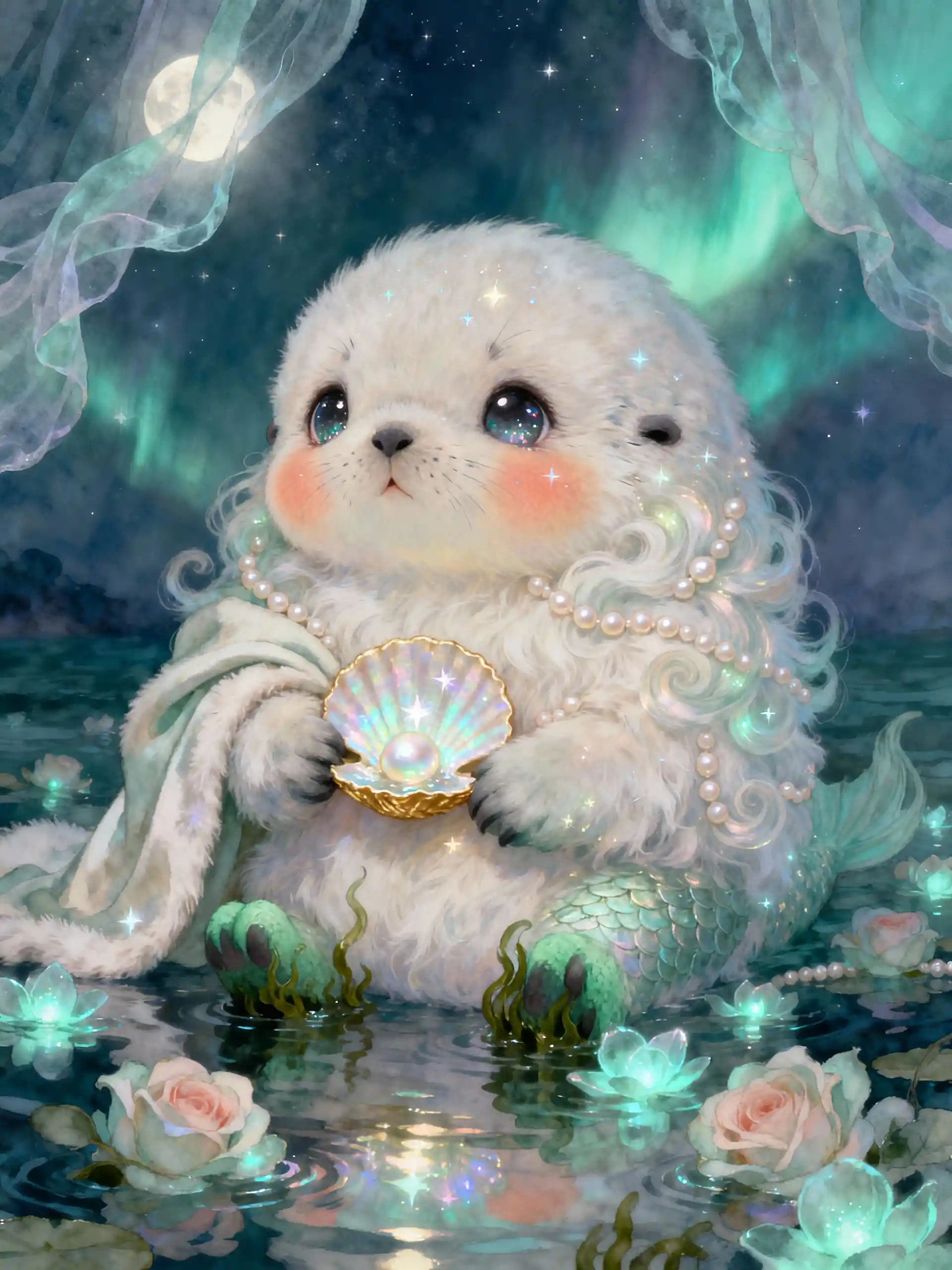 Mythical selkie fledgling cradling a glowing pearl shell