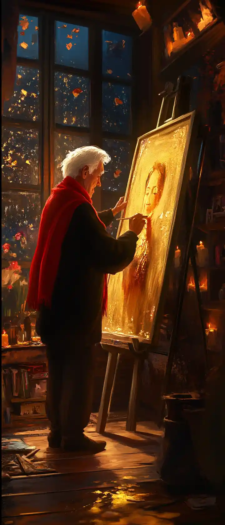 Elderly painter in a candlelit attic with golden portrait