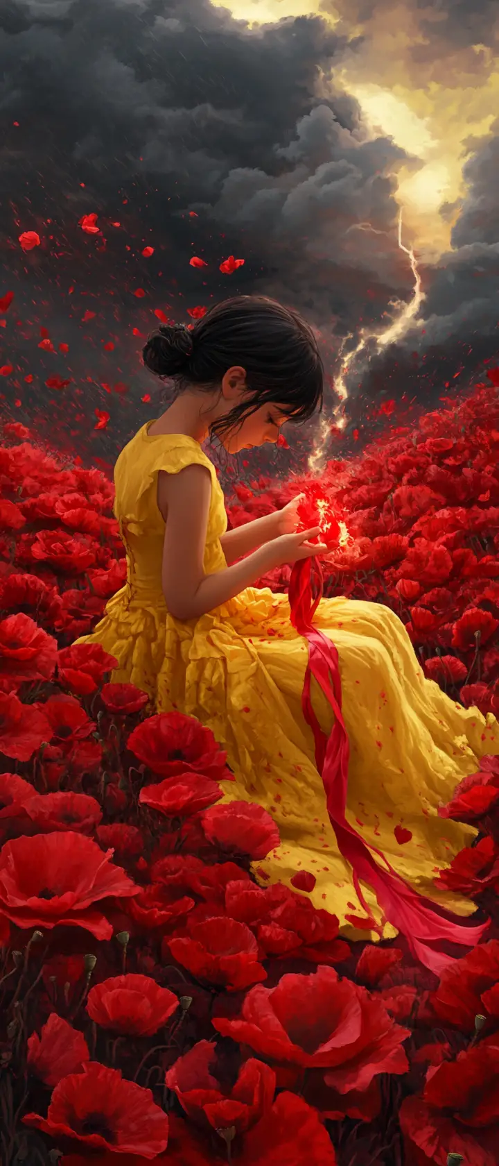 Girl In Yellow Dress Kneeling In Red Poppy Field