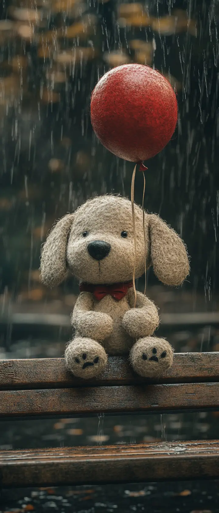 Sad plush puppy on a rainy park bench with balloon string