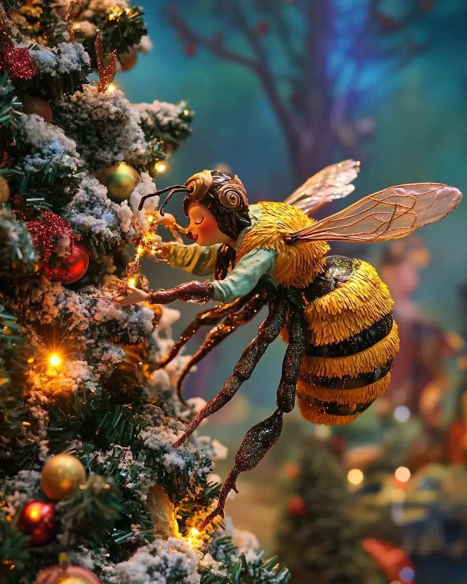 Human riding a giant bee flying toward a tree