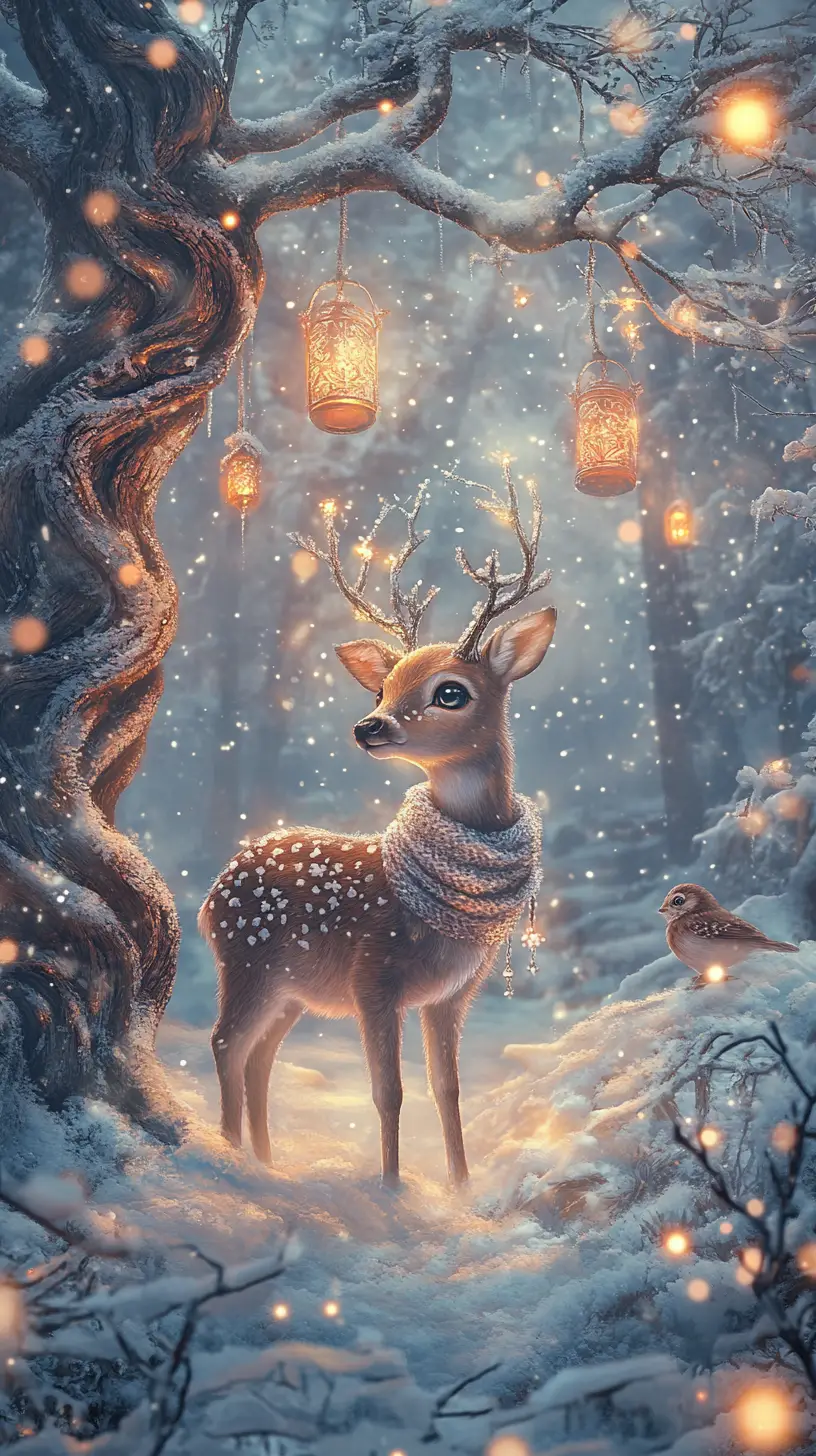 Enchanted Baby Deer In Lantern Lit Winter Forest