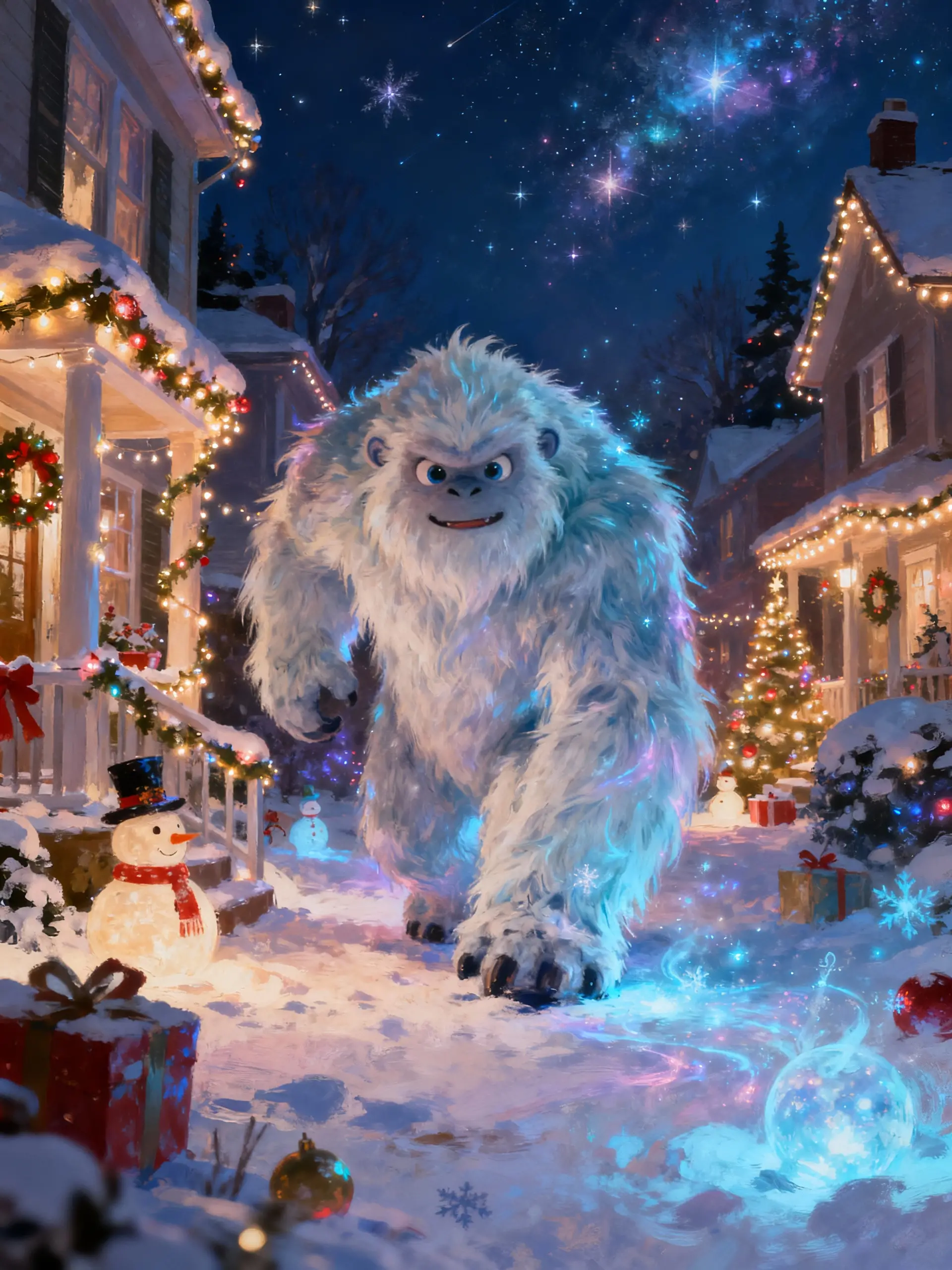 Cute winter yeti in a quiet christmas neighborhood