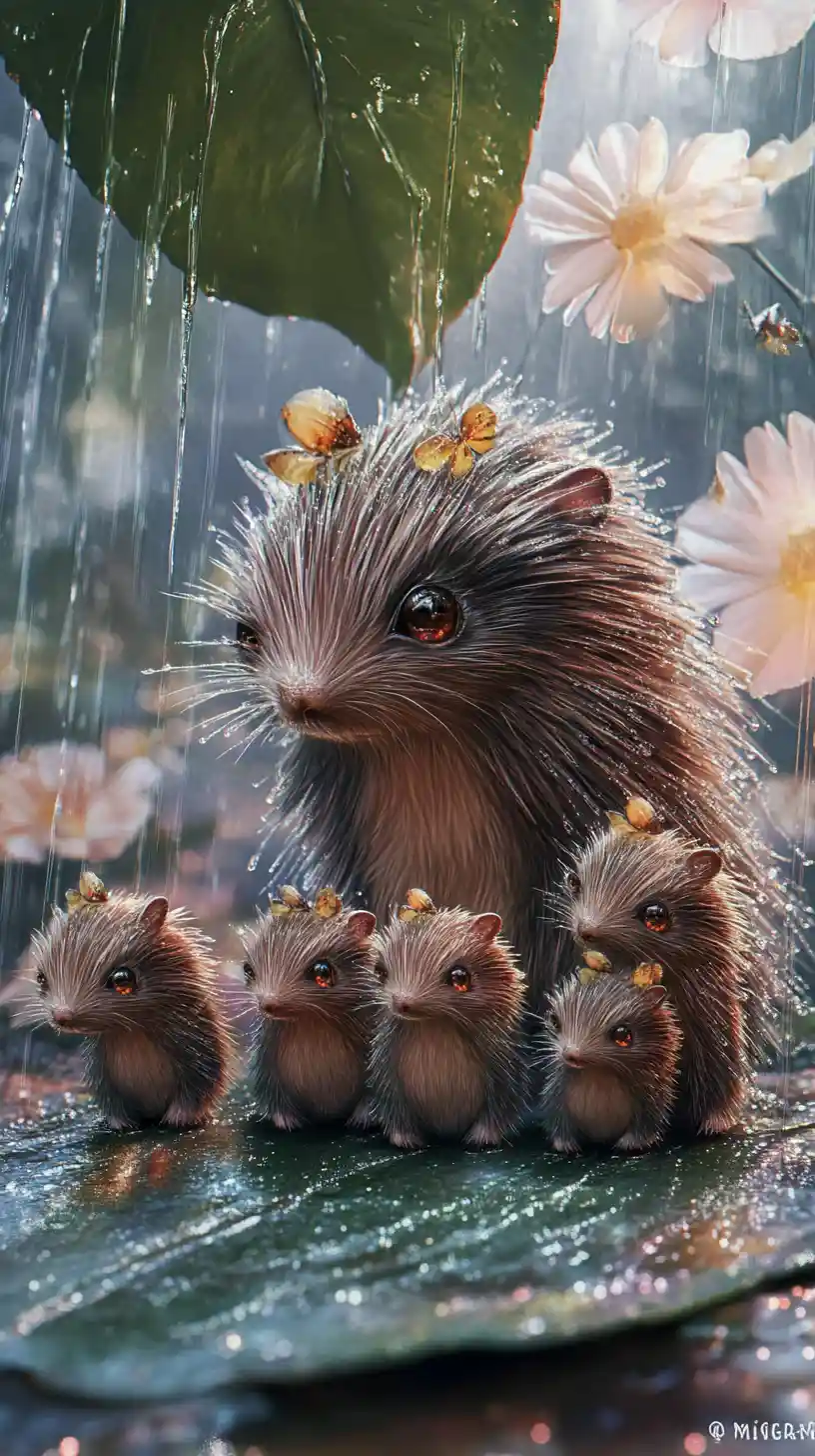 Watercolor porcupine family hiding from rain under leaf