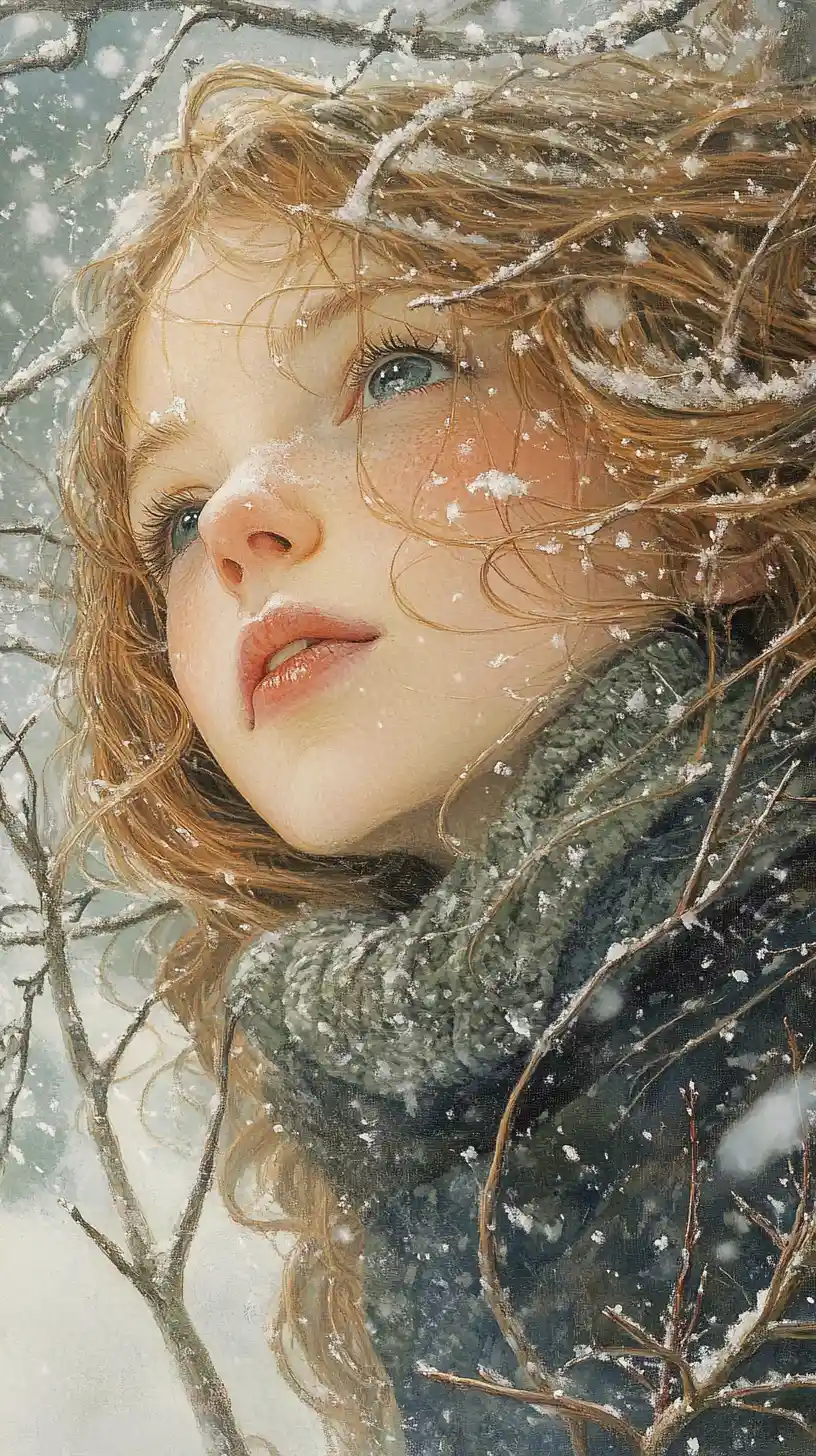 Young girl breathing in a softly falling snowy day