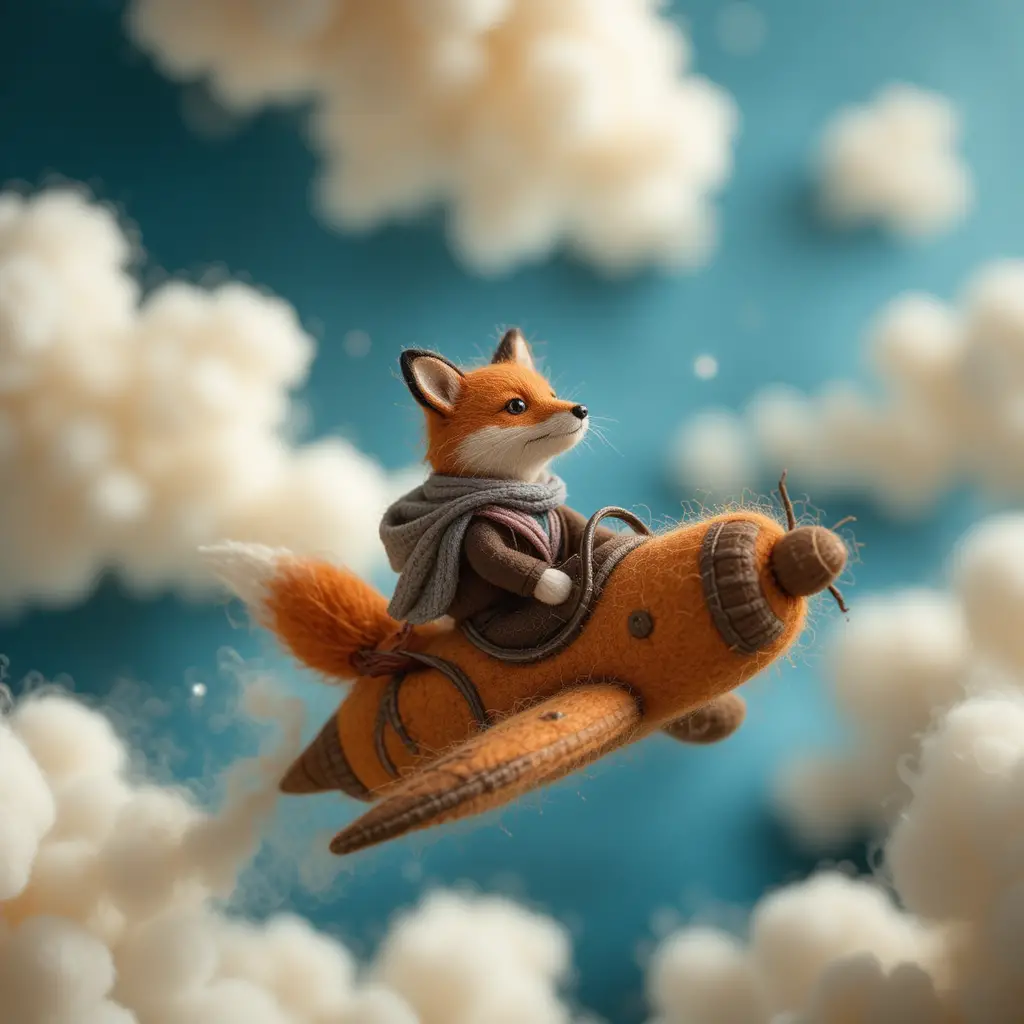 Needle felted fox riding an airplane toward the sky