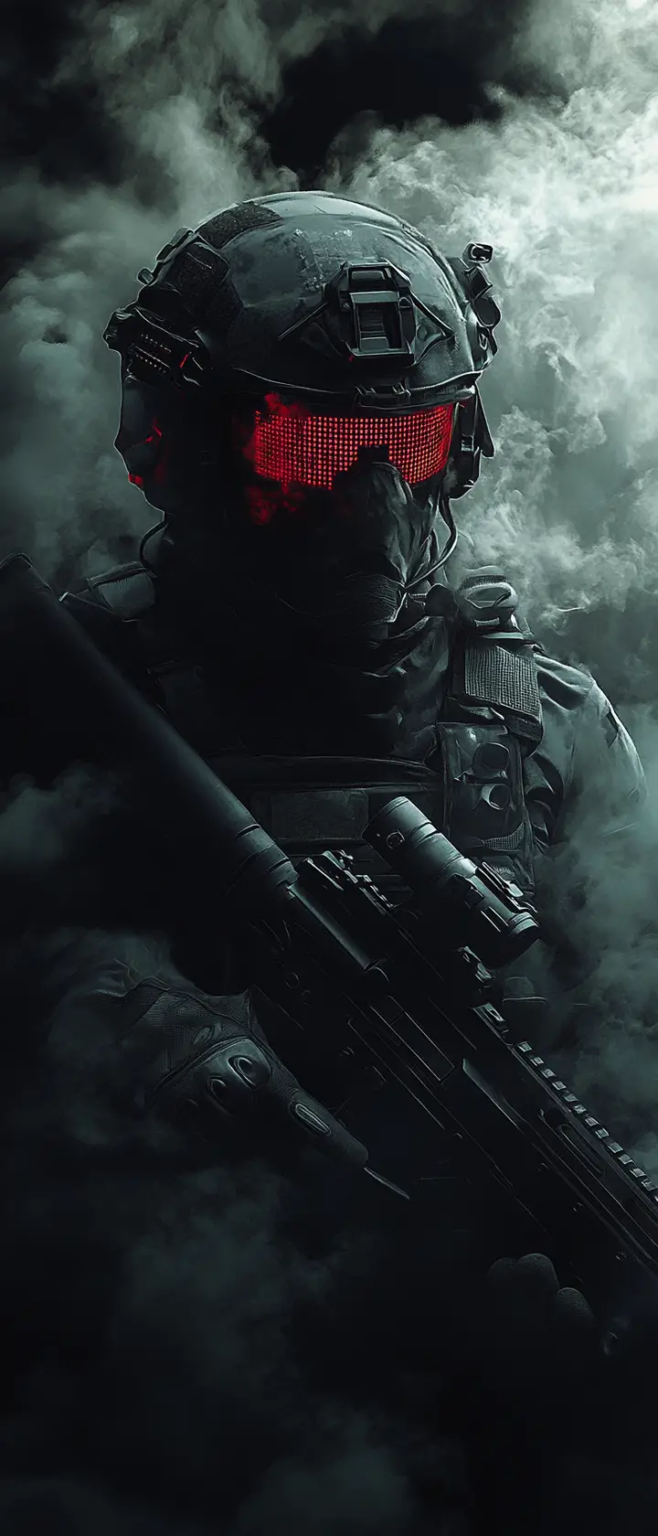 Tactical soldier rising from smoke in black void