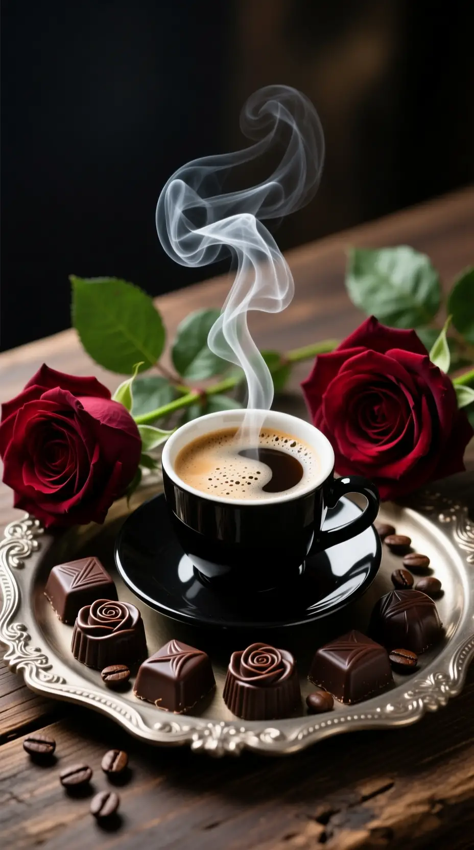 Overhead coffee cup with roses on rustic silver tray