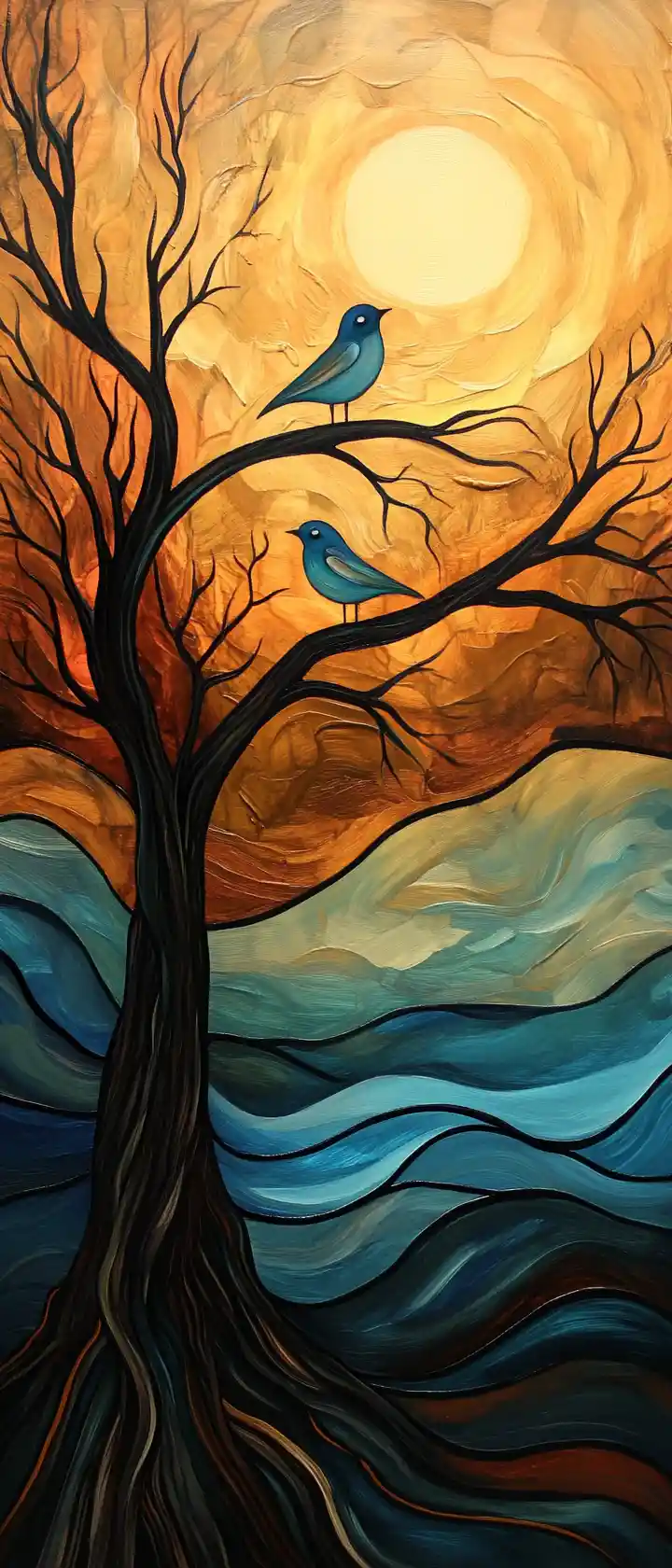 Bird singing softly against a brown and blue sunset