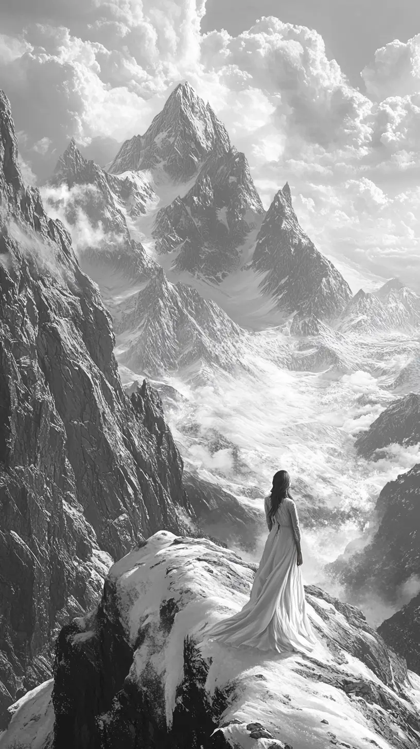 Woman In White On Snowy Ridge Facing Distant Mountains